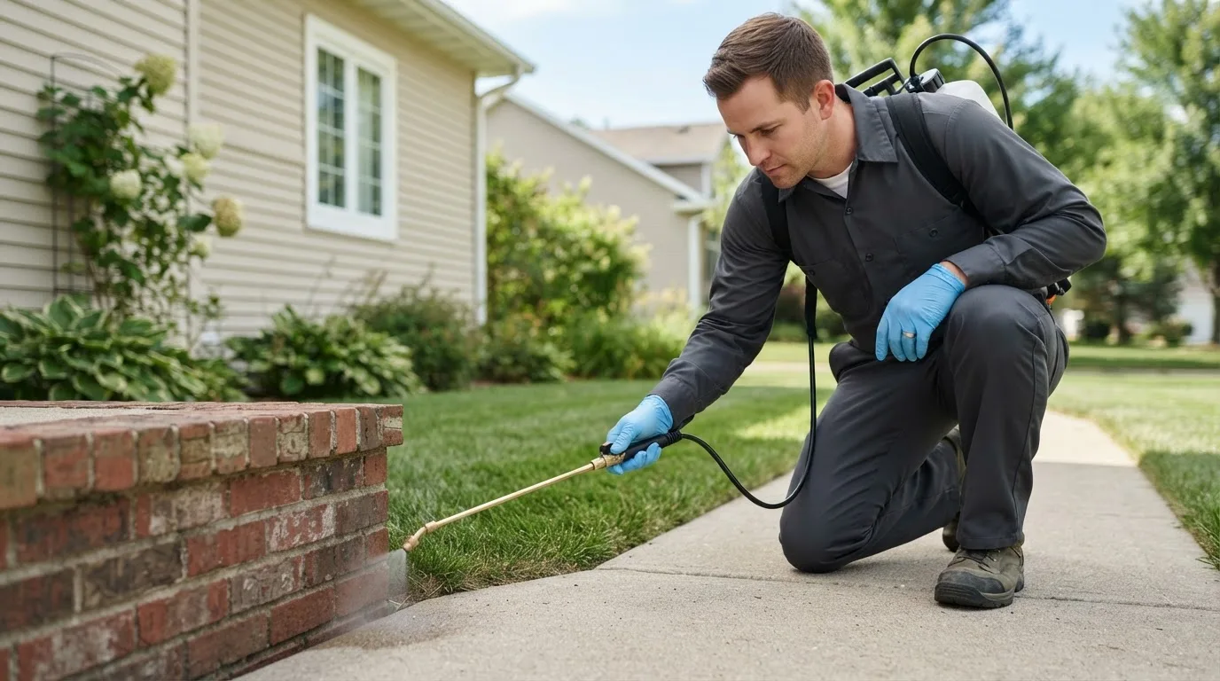 Pest control technician treating a home near Superior, IA