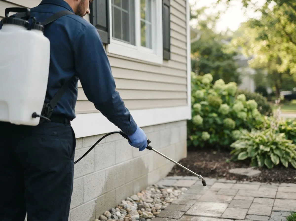 Pest control technician inspecting a home in Superior, IA